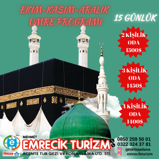 EKONOMİK 2024  EKİM-KASIM-ARALIK UMRE TURLARI 15 GÜNLÜK (SERVİSLİ) resmi